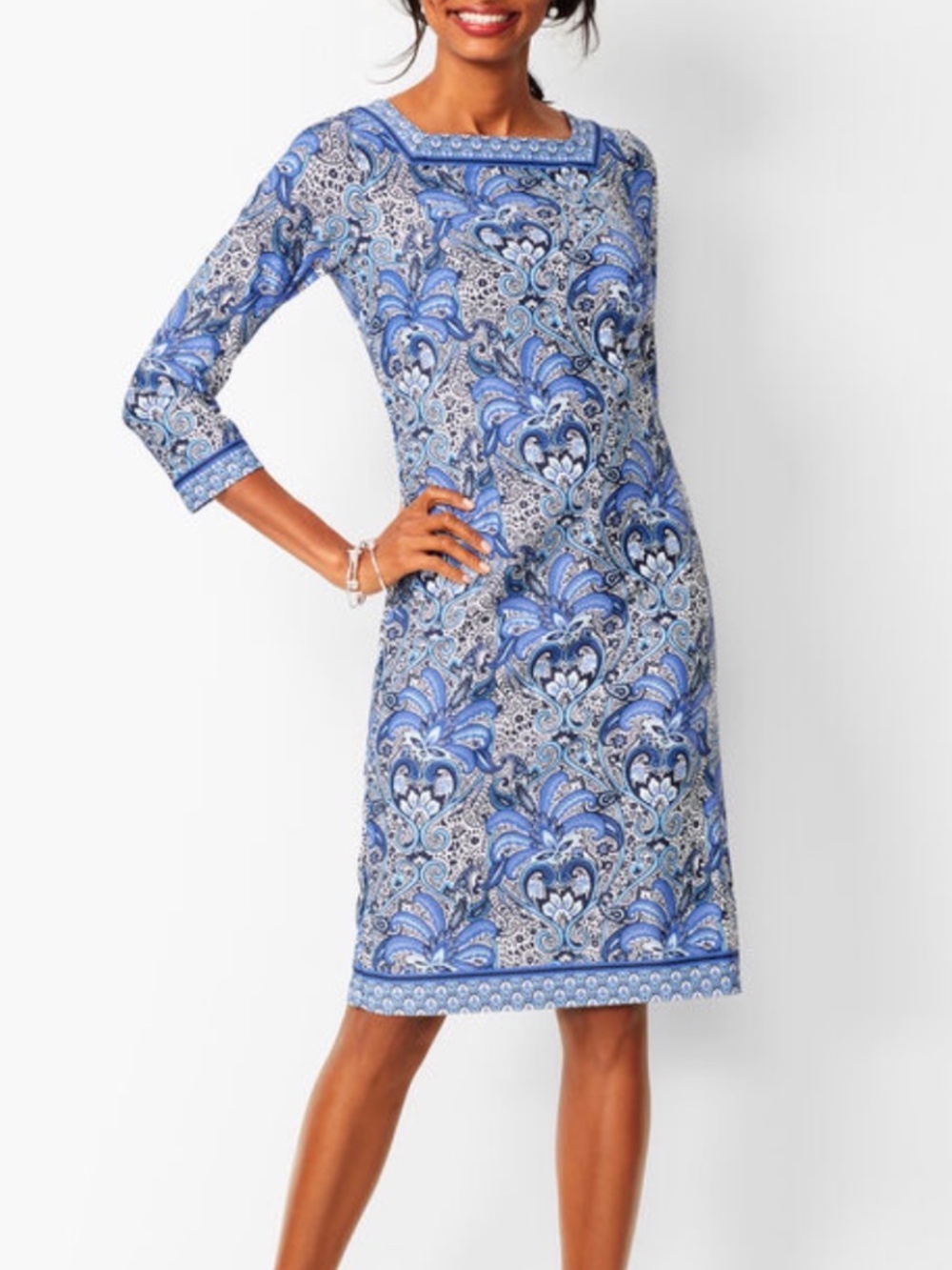 Talbots Blue Paisley Knit Jersey Shift Dress Size M